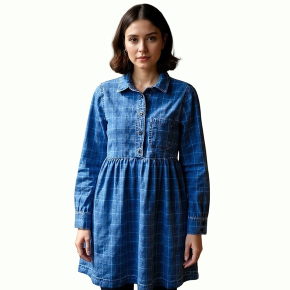 Madewell Lightwell Denim Babydoll Cotton Shirtdress in Indigo Plaid (XS) - Picture 4 of 5